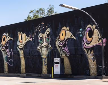 Outside of the gallery, a mural of emu's painted.